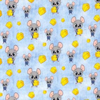Baumwoll Jersey Mäuse mit Käse auf Hellblau Jeansoptik 